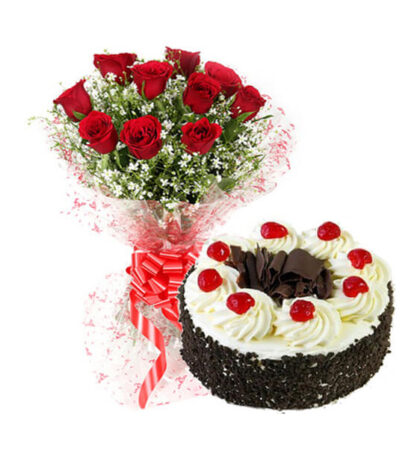 1 kg Black Forest Cake & 12 Rose