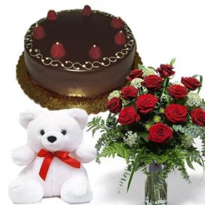 1 Kg Chocolate Cake-10 Red Roses Bunch-Teddy Bear