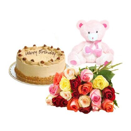 1 Kg Butter Scotch Cake-12 Mix Roses Bunch-Teddy Bear