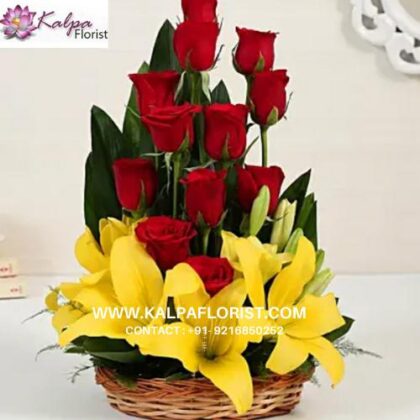 Asiatic Lilies & Red Roses Cane Basket Arrangement ( Christmas Gift Basket )