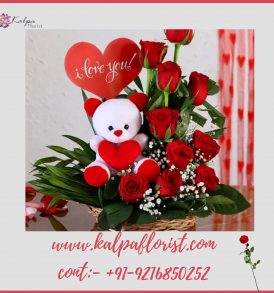 Red Rosses With Love Tag and Teddy Bear