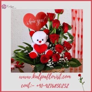 Red Rosses With Love Tag and Teddy Bear