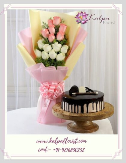 Pink & White Roses & Choco Cream Cake ( Online Cake And Flowers Delivery In Jalandhar )
