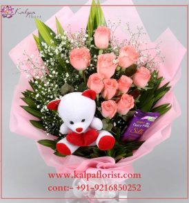 Roses Bouquet With Chocolate And Teddy