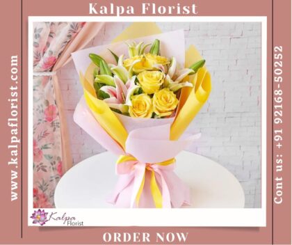 Yellow Rose & Lily Bouquet | Send Flower Online India UK