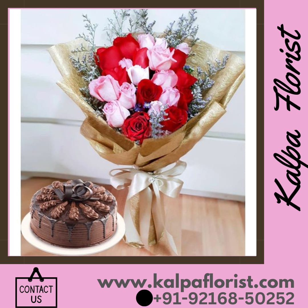 Roses And Chocolate Cake ( Flower and Cake Delivery In Amritsar )